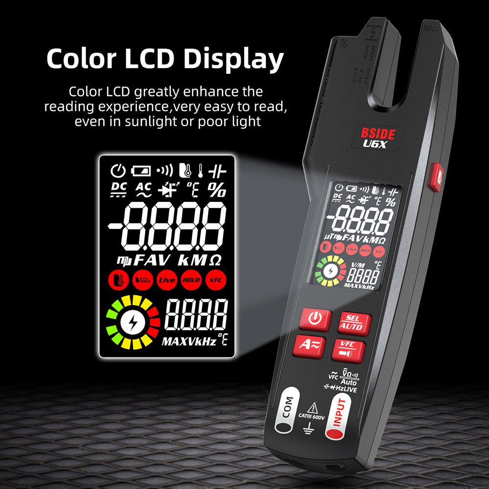 BSIDE U6X U-Shape Digital Clamp Multimeter, Automatic AC/DC Meter, Infrared Detection, Color Display Display, Rechargeable Battery, with Probe Tips Holder Design