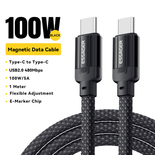 ESSAGER 100W 5A Type-C to Type-C Charging Cable, USB2.0 480Mbps, Magnetic Adsorption, Flexible Adjustment, E-Marker Chip, 1m
