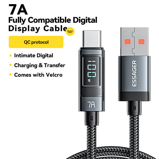 ESSAGER 100W 7A USB-A to Type-C Charging Cable, Digital Display, USB2.0 480Mbps, with Velcro, QC Protocol