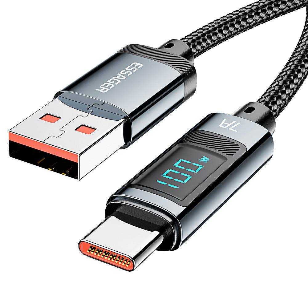 ESSAGER 100W 7A USB-A to Type-C Charging Cable, Digital Display, USB2.0 480Mbps, with Velcro, QC Protocol