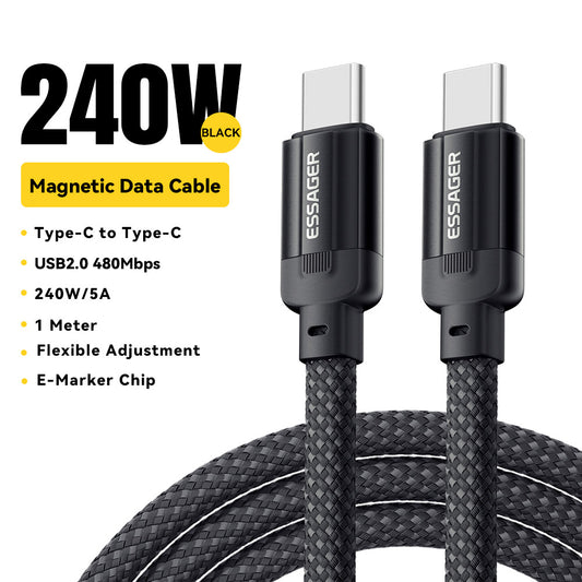 ESSAGER 240W 5A Type-C to Type-C Charging Cable, USB2.0 480Mbps, Magnetic Adsorption, Flexible Adjustment, E-Marker Chip, 1m