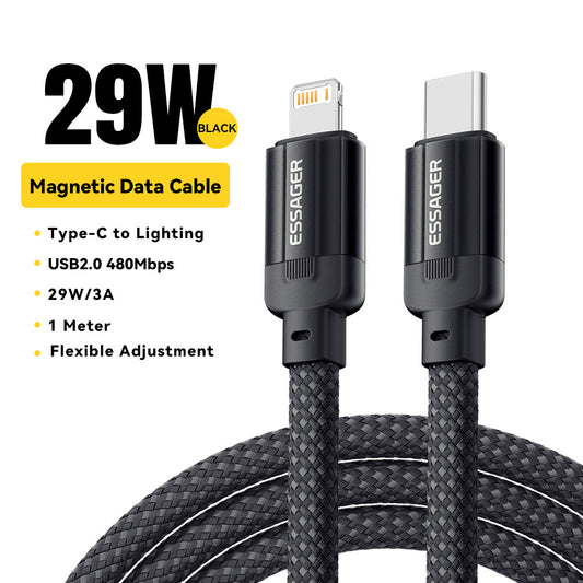 ESSAGER 29W 3A Type-C to Lightning Charging Cable, USB2.0 480Mbps, Magnetic Adsorption, Flexible Adjustable, Smart Chip, 1m