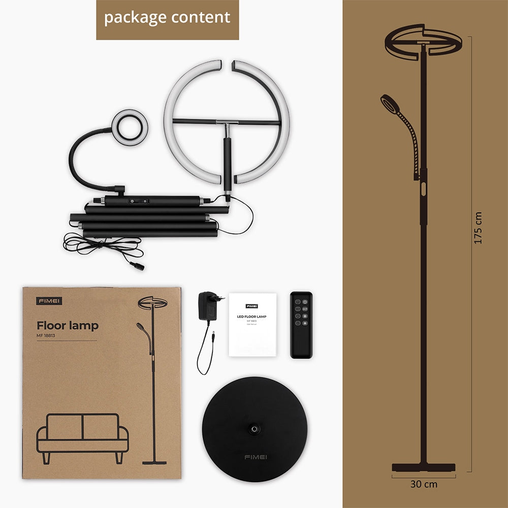 FIMEI MF18813 Floor Lamp with Reading Light, Eye Protection, 4 Color Temperatures, Infinite Dimmable, Touch Control & Remote Control, for Living Room, Office, Bedroom - Black