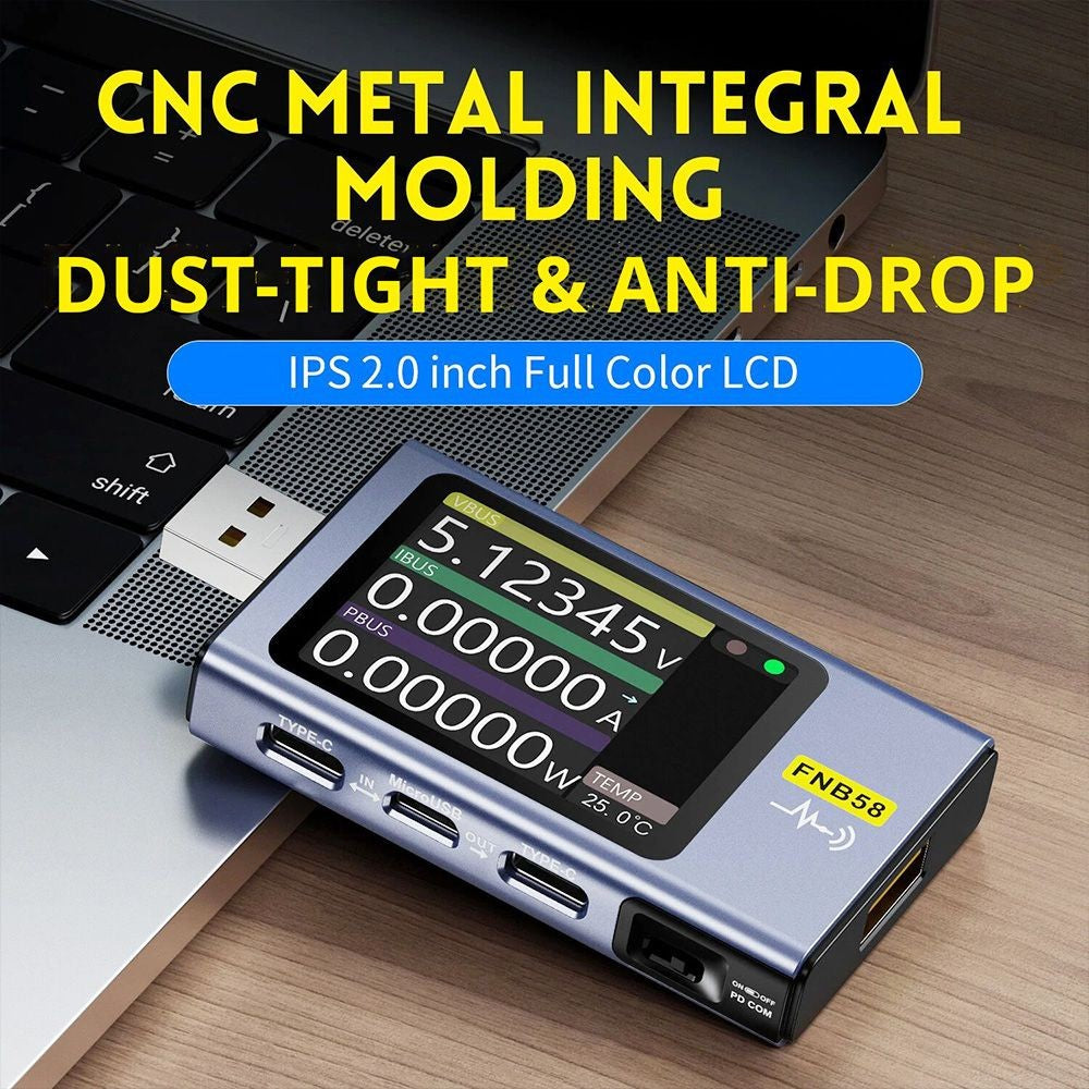 FNIRSI FNB58 USB Voltage Current Tester with Bluetooth, Fast Charge Detection, 4-28V Voltage, 7A High Current, 4 Function Curves, 5 Ports, Multiple Protocol Triggers, 2.0 IPS HD Display