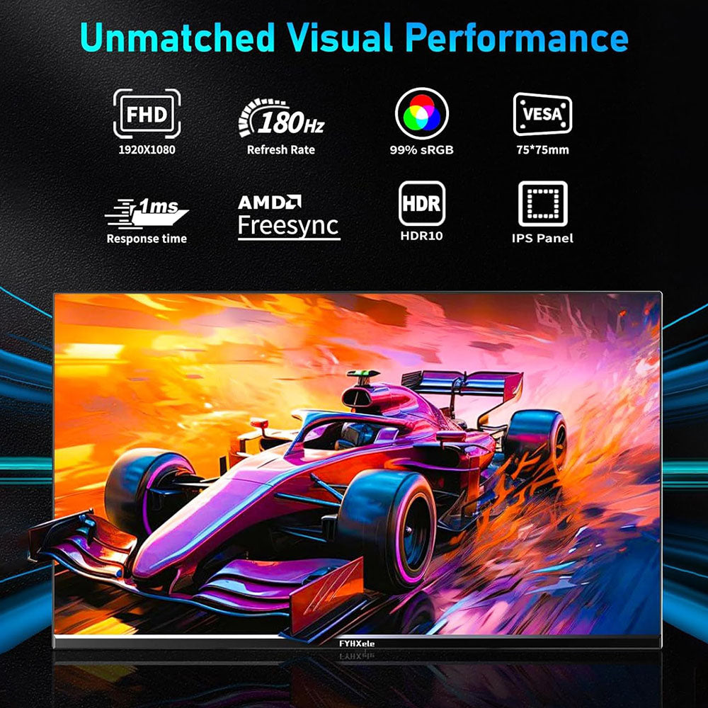 FYHXele FY24FHR 24 inch Gaming Monitor, 1920*1080 16:9 IPS Screen, 180Hz Refresh Rate, 1ms (MPRT) Response Time, 99% sRGB, AMD FreeSync & Adaptive-Sync, HDR10, 178° Viewing Angle, 75*75mm VESA Mountable