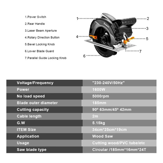 DEKO Circular Saw 1600W 185mm Power Tools Hand-held Machine for Stone/Wood/Metal/Tile Cutting Multi-function High Power