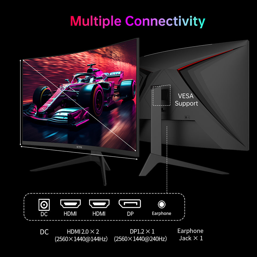 KTC H27S25E Gaming Monitor, 27 inch 2560*1440 QHD CSOT HVA Screen, 1000R Curvature, 240Hz Refresh Rate, 1ms MPRT Response Time, Adaptive Sync, 2500:1 Contrast Ratio, VESA Mount, Low Blue Light & Flicker-Free, 2*HDMI 2.0, 1*DP1.2, 1*Earphone