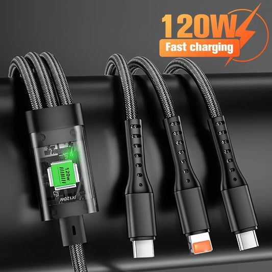 Cable de datos 3 en 1 de 120 W/100 W para iPhone 15-7, cable de carga rápida USB a tipo C de 8 pines, micro USB para Samsung, Huawei y Xiaomi.