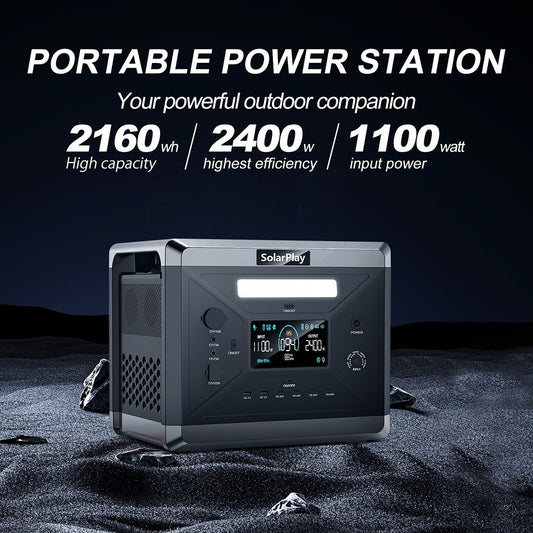 SolarPlay Q2501 Portable Power Station, 2400W/2160WH LiFePO4 Battery, 12 Output Ports, Fully Charged in 1.5 Hours, 4 Charging Method