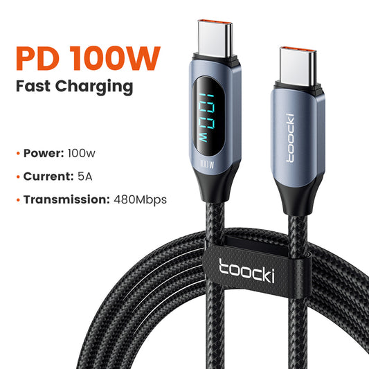 Toocki TXCTT1-XY01 PD 100W Fast Charging Cable, 5A, Smart Digital Display, E-Marker Chip, 480Mbps Data Transfer, Braided Nylon, Blue - 1m