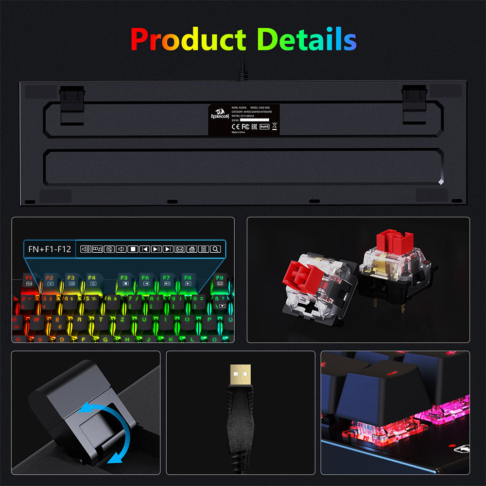 Redragon 105-Key K565-RGB Mechanical Keyboard RGB Backlight German Layout Aluminum Base Red Switch - Black