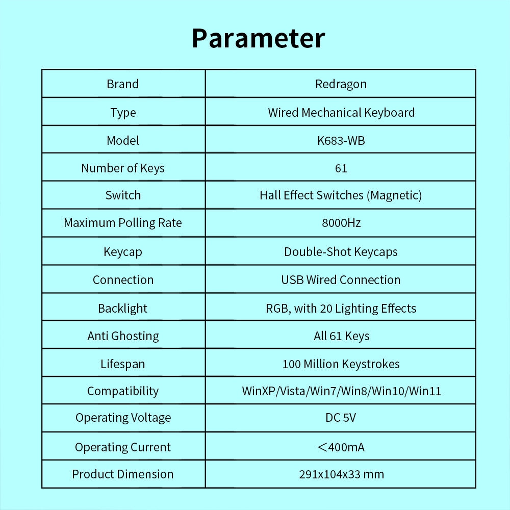 Redragon K683WB-RGB Wired Mechanical Keyboard, 87-key Adjustable Magnetic Linear Switches Double-shot PBT Keycaps 8000Hz Polling Rate RGB Backlight - White Green