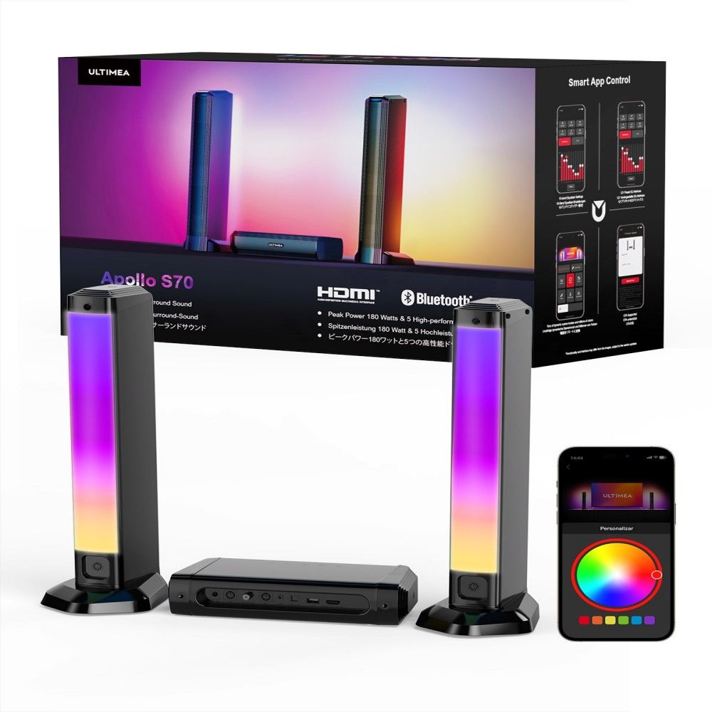 Ultimea Apollo S70 Lighting Soundbar with 5.0 Channel, Detachable Design, APP Control, Dynamic RGB Light, 121 Preset EQ Matrices