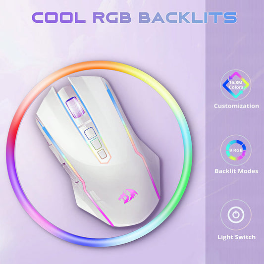 Redragon M910-WS RANGER LITE RGB 2.4G Wireless/Wired Double Modes Gaming Mouse 8000 DPI with Rapid Fire Buttons -White