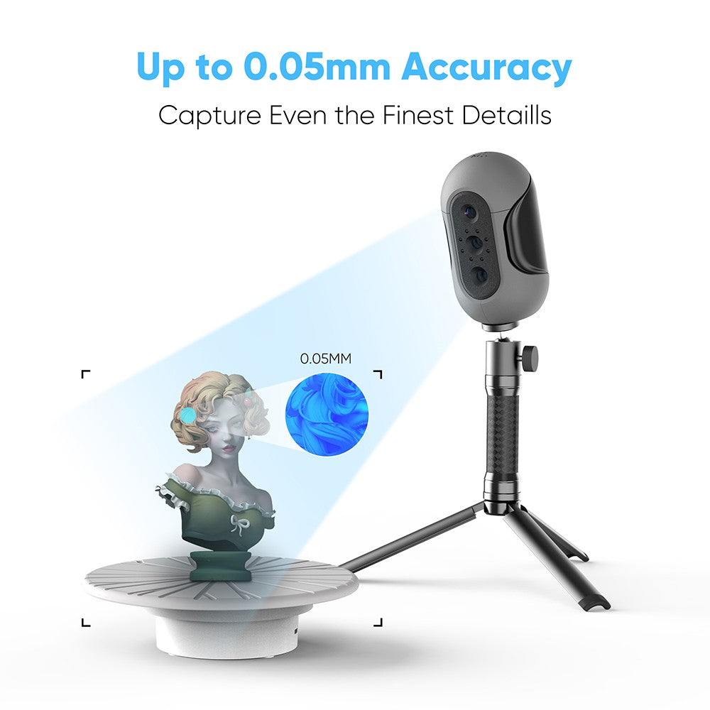 3DMakerpro Mole 3D Scanner Edición Premium, precisión de 0,05 mm, resolución de 0,1 mm, velocidad de fotogramas de 10 fps, seguimiento visual, escaneo facial, antivibración, rango de captura individual de 200x100 mm, con plataforma giratoria.