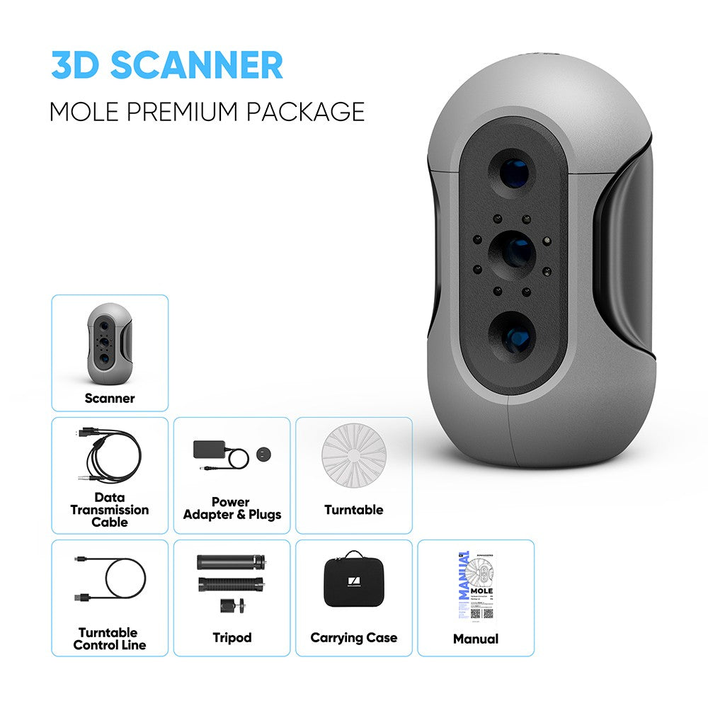 3DMakerpro Mole 3D Scanner Edición Premium, precisión de 0,05 mm, resolución de 0,1 mm, velocidad de fotogramas de 10 fps, seguimiento visual, escaneo facial, antivibración, rango de captura individual de 200x100 mm, con plataforma giratoria.
