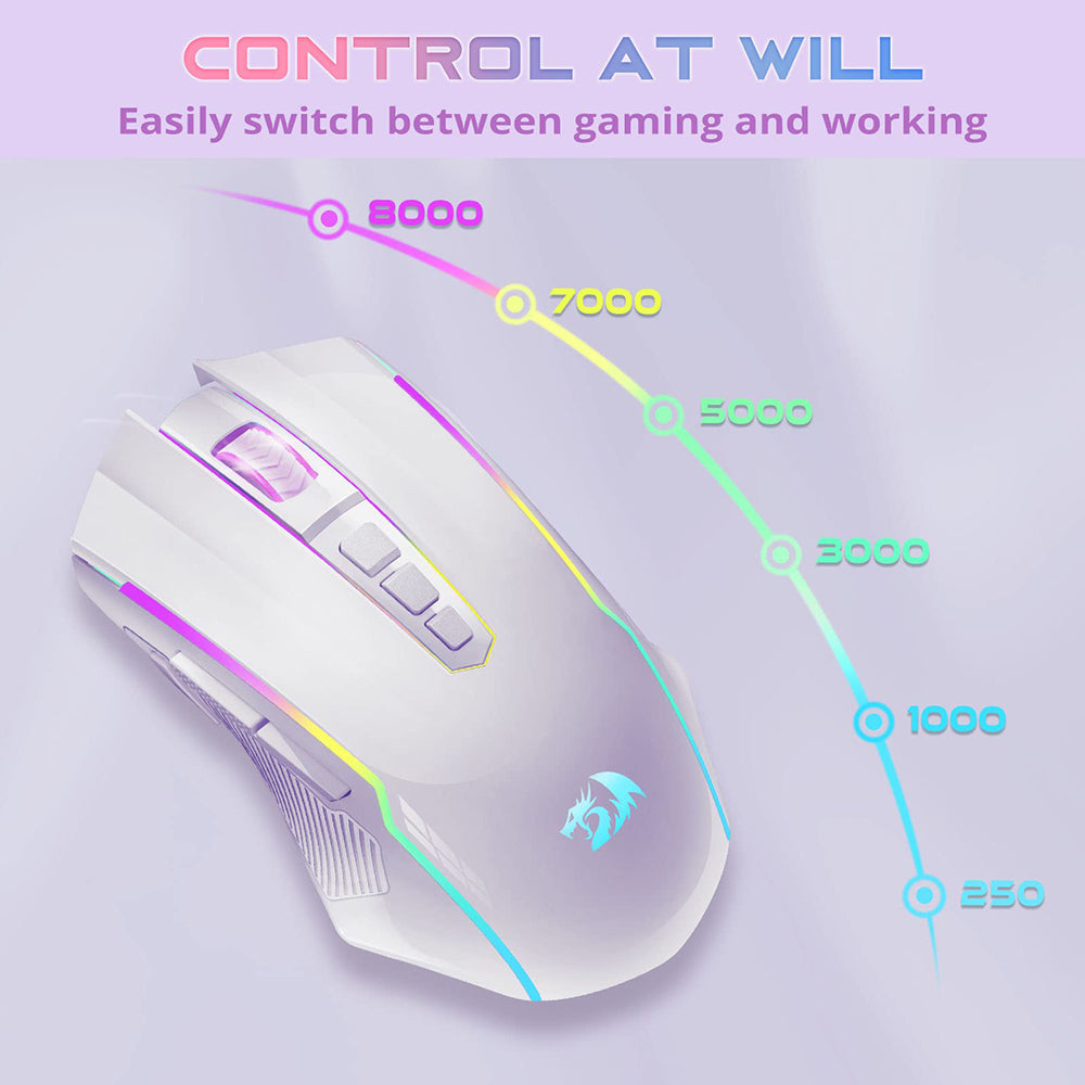 Redragon M910-WS RANGER LITE RGB 2.4G Wireless/Wired Double Modes Gaming Mouse 8000 DPI with Rapid Fire Buttons -White
