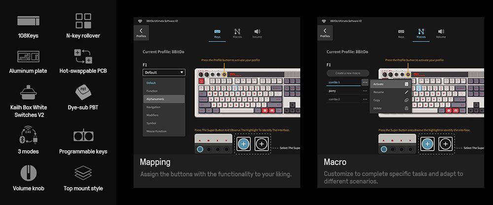 8BitDo Retro 108 Mechanical Keyboard, 108 Keys, Hot-swappable PCB, 3 Modes Connection, Wireless Gaming Keyboard for Windows & Android - Red