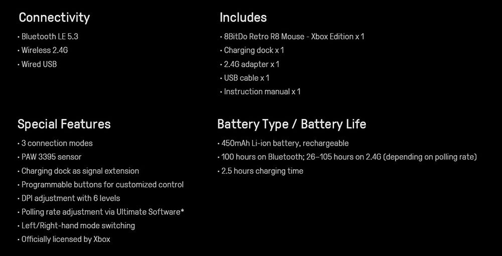 8BitDo Retro R8 Xbox Edition, 3 Connection Modes, Built with PAW 3395 Sensor, Programmable Buttons