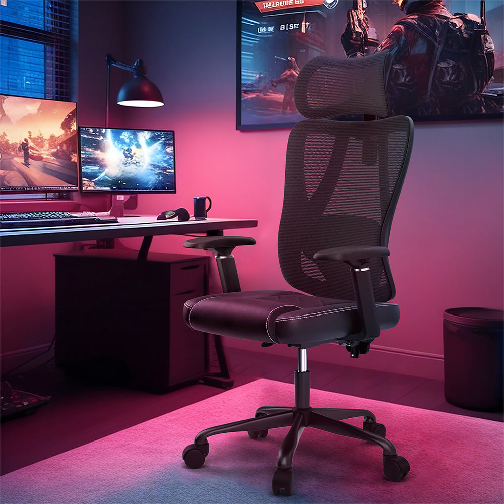 ACGAM CG-5455M Ergonomic Gaming Office Chair, PVC Seat Cushion, Adjustable Armrest &amp; Headrest, 4D Lumbar Support, Synchro Reclining Backrest
