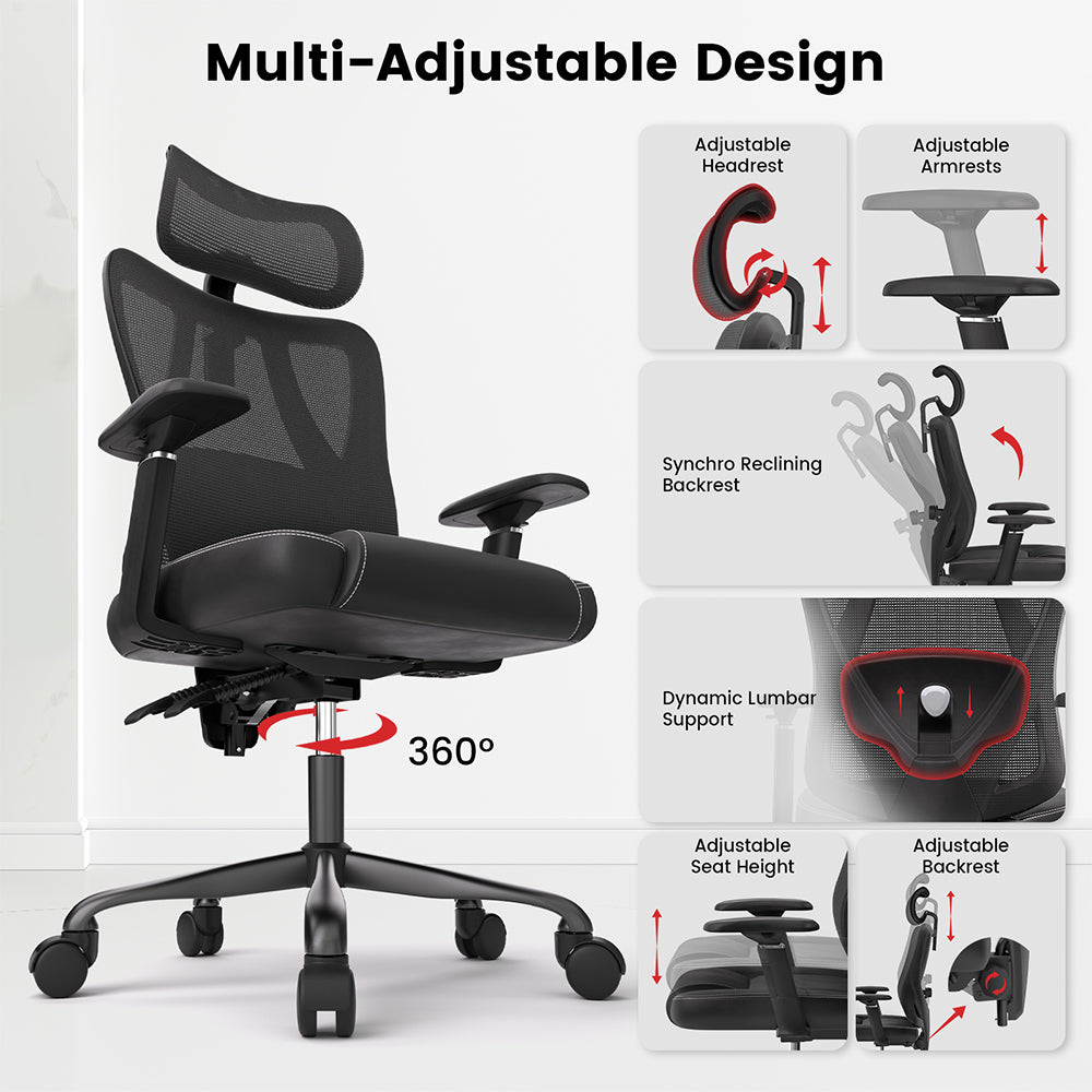 ACGAM CG-5455M Ergonomic Gaming Office Chair, PVC Seat Cushion, Adjustable Armrest &amp; Headrest, 4D Lumbar Support, Synchro Reclining Backrest