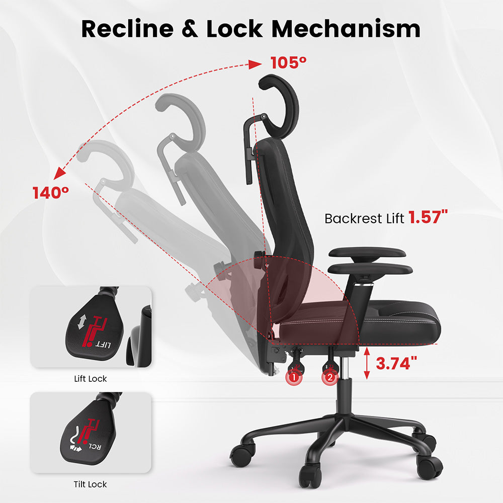 ACGAM CG-5455M Ergonomic Gaming Office Chair, PVC Seat Cushion, Adjustable Armrest &amp; Headrest, 4D Lumbar Support, Synchro Reclining Backrest