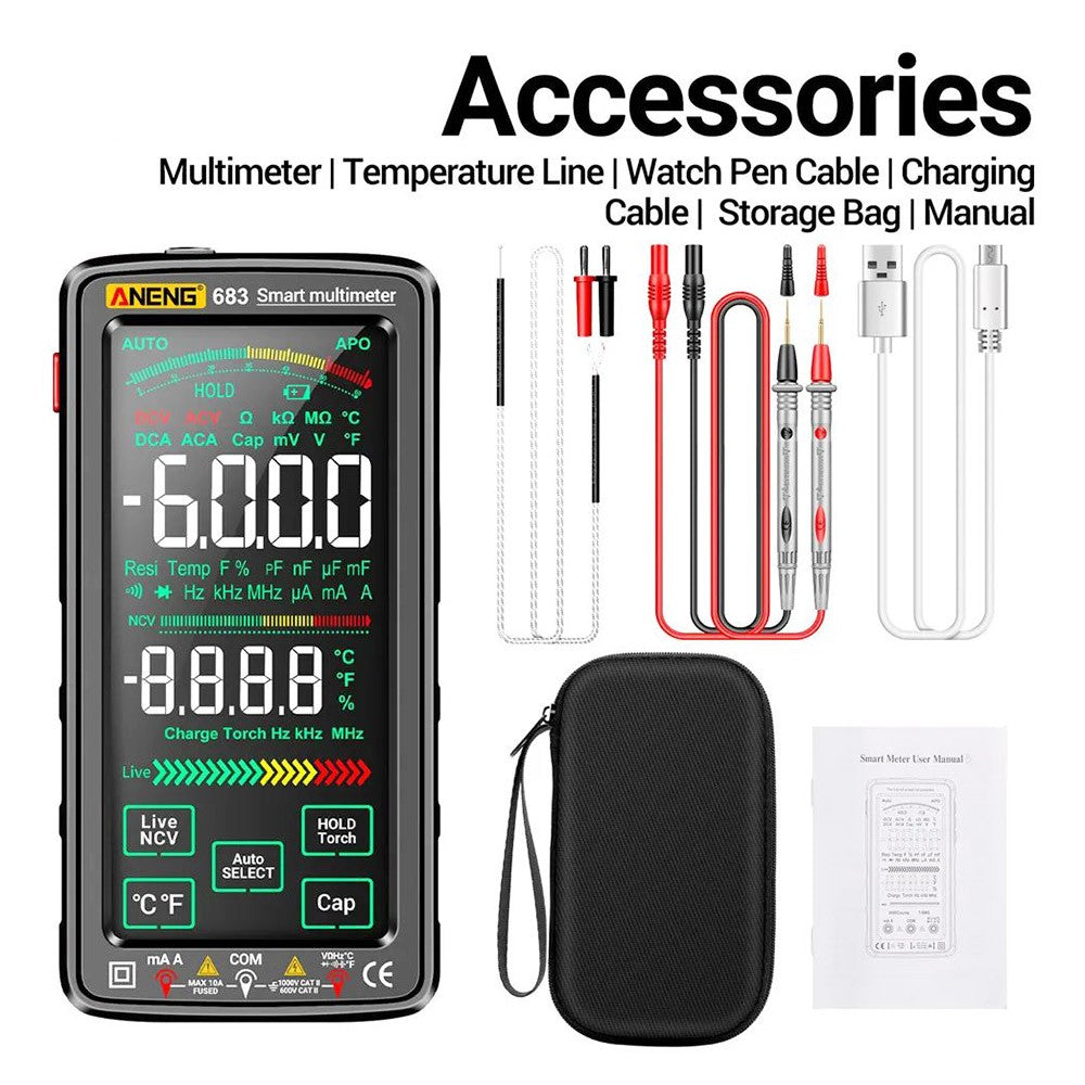 ANENG 683 Digital Multimeter, AC/DC Voltage Current Tester, 6000 Counts, Rechargeable Battery, Auto Range, Smart Touch Screen, Flashlight Lighting - Black