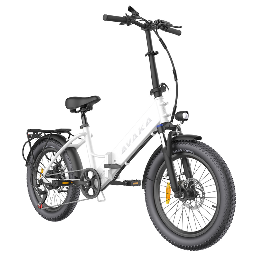 AVAKA K300 Folding Electric Bike, 350W Motor, 36V 16Ah Battery, 20*3.0 inch Tires, 31km/h Max Speed, 100km Range, Front &amp; Rear Disc Brakes, LCD Display, SHIMANO 7-speed - White