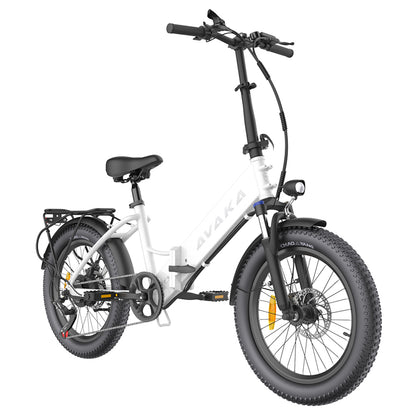 AVAKA K300 Folding Electric Bike, 350W Motor, 36V 16Ah Battery, 20*3.0 inch Tires, 31km/h Max Speed, 100km Range, Front &amp; Rear Disc Brakes, LCD Display, SHIMANO 7-speed - White