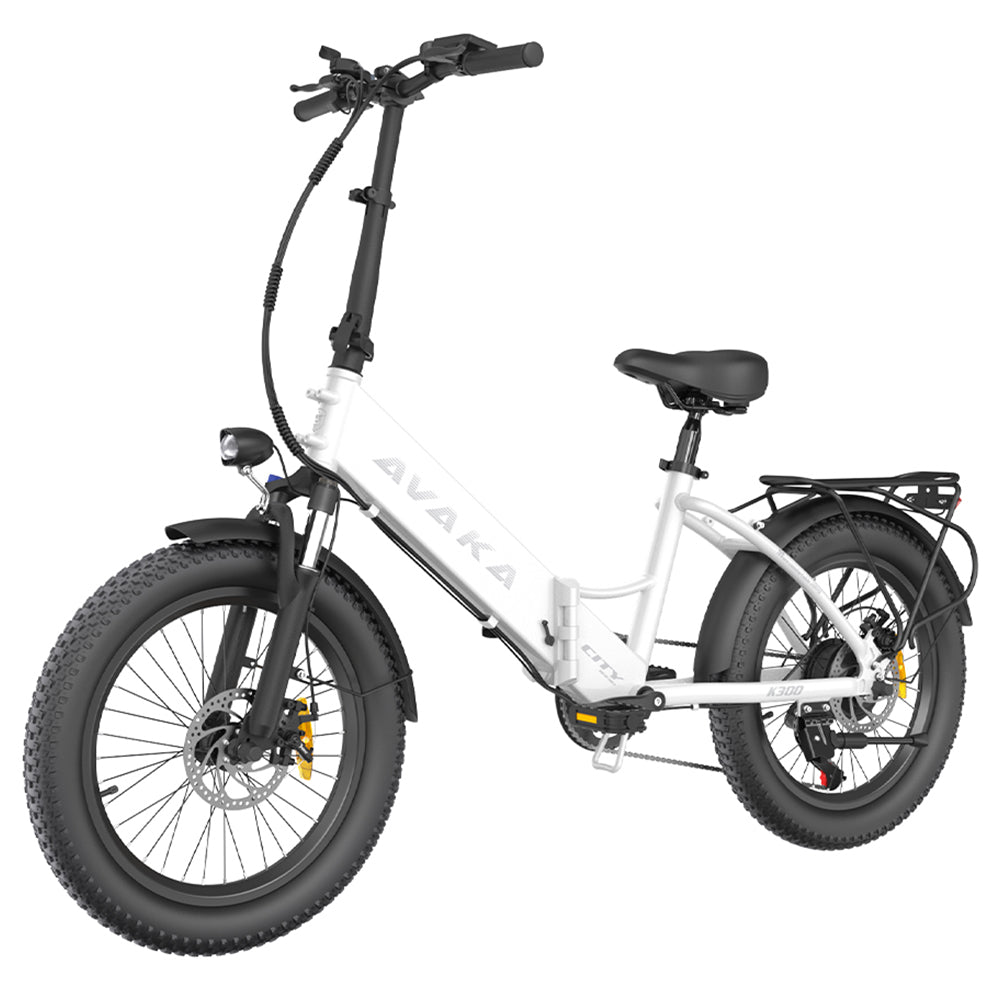 AVAKA K300 Folding Electric Bike, 350W Motor, 36V 16Ah Battery, 20*3.0 inch Tires, 31km/h Max Speed, 100km Range, Front &amp; Rear Disc Brakes, LCD Display, SHIMANO 7-speed - White