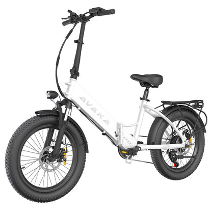 AVAKA K300 Folding Electric Bike, 350W Motor, 36V 16Ah Battery, 20*3.0 inch Tires, 31km/h Max Speed, 100km Range, Front &amp; Rear Disc Brakes, LCD Display, SHIMANO 7-speed - White