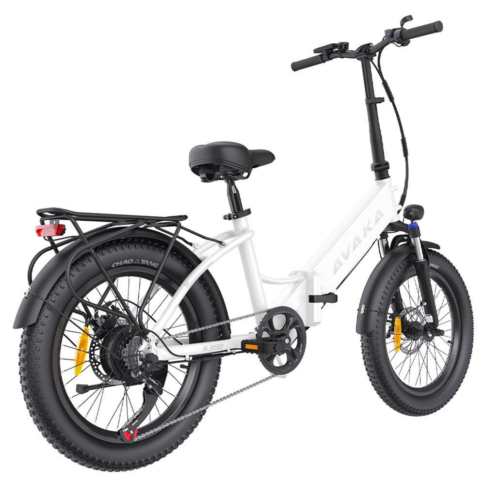 AVAKA K300 Folding Electric Bike, 350W Motor, 36V 16Ah Battery, 20*3.0 inch Tires, 31km/h Max Speed, 100km Range, Front &amp; Rear Disc Brakes, LCD Display, SHIMANO 7-speed - White