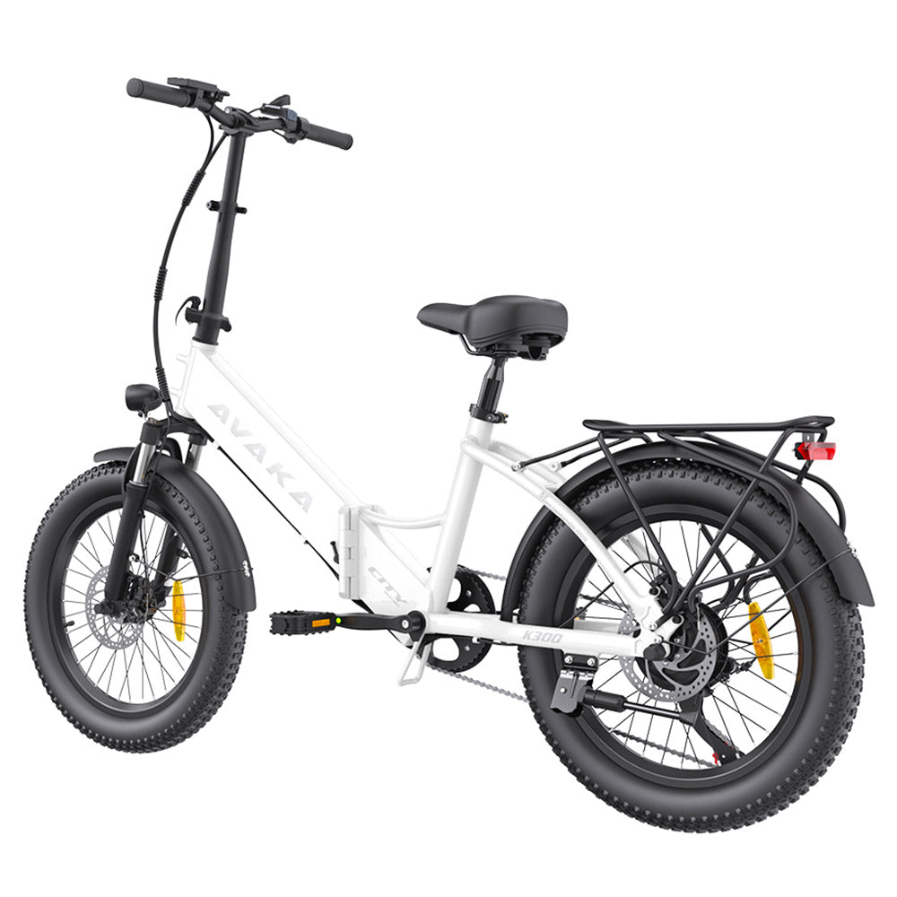 AVAKA K300 Folding Electric Bike, 350W Motor, 36V 16Ah Battery, 20*3.0 inch Tires, 31km/h Max Speed, 100km Range, Front &amp; Rear Disc Brakes, LCD Display, SHIMANO 7-speed - White