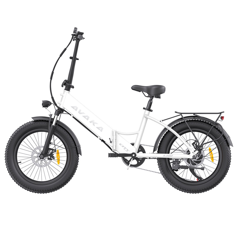 AVAKA K300 Folding Electric Bike, 350W Motor, 36V 16Ah Battery, 20*3.0 inch Tires, 31km/h Max Speed, 100km Range, Front &amp; Rear Disc Brakes, LCD Display, SHIMANO 7-speed - White