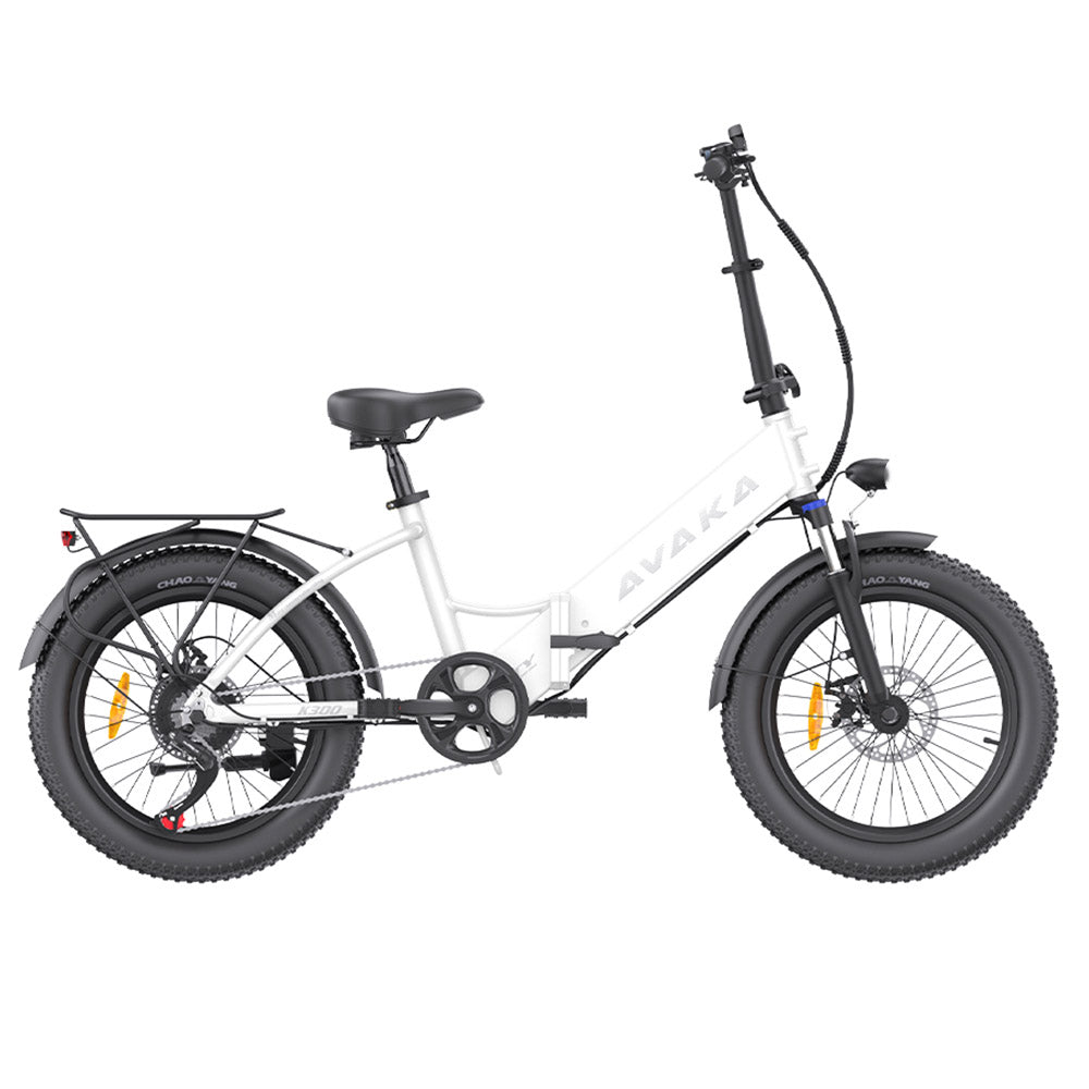 AVAKA K300 Folding Electric Bike, 350W Motor, 36V 16Ah Battery, 20*3.0 inch Tires, 31km/h Max Speed, 100km Range, Front &amp; Rear Disc Brakes, LCD Display, SHIMANO 7-speed - White