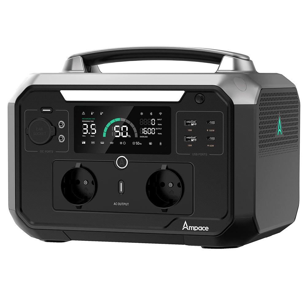 Ampace Andes 600 Pro Portable Power Station, 584Wh LiFePO4 Hybrid Battery, 600W(Surge 1800W) SiCPrime Solar Generator, Recharge to 80% in 1 Hour, 2xAC 2xUSB-A 2xUSB-C 2x5521 1xCar Socket, 2000 Cycles, -20℃~45℃, APP Control, for Outdoor, RVs, Home Use