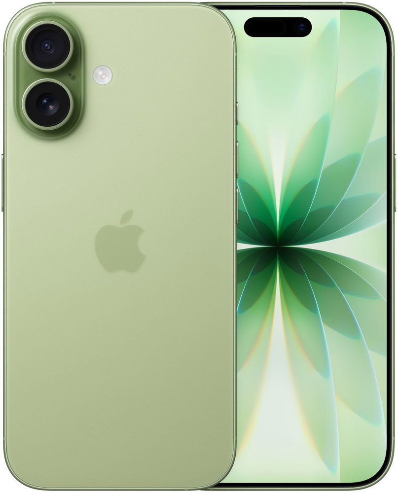 Apple iPhone 17 smartphone in Sage Green color, view from both sides