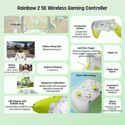 BIGBIG WON Rainbow 2 SE Game Controller, Hall Effect Trigger, Support Black Myth Wukong, 12-bit ADC, 4-way &amp; 8-way D-pads, Compatible with Switch / PC / Android / iOS - Green