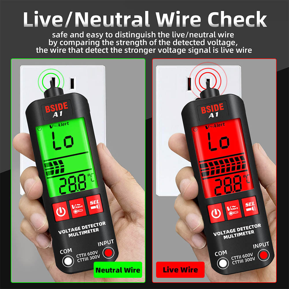 BSIDE A1 Digital Multimeter, Electrician Pen, Non-Contact Voltage Tester, Ohm Hz Meter, AC Live/Neutral Wire Test, Red &amp; Green Backlight, with Storage Bag - Black
