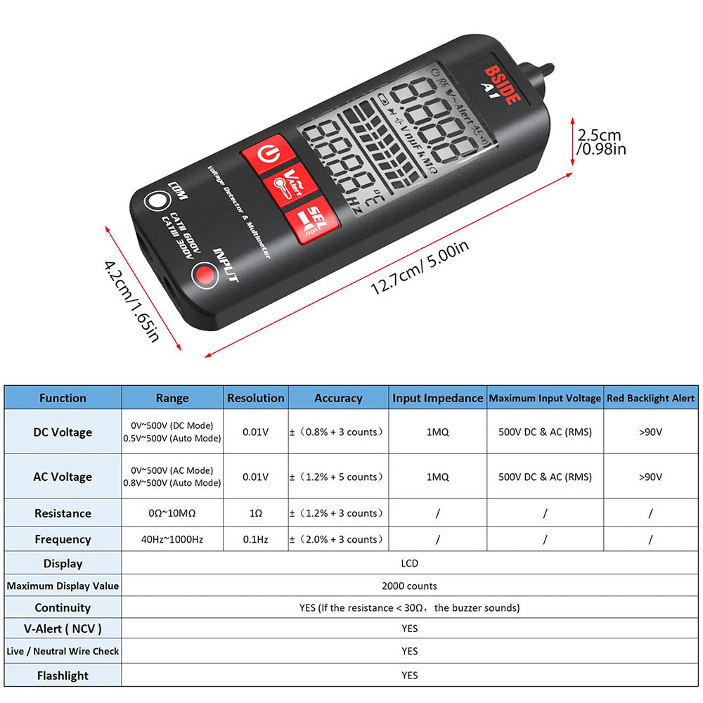 BSIDE A1 Digital Multimeter, Electrician Pen, Non-Contact Voltage Tester, Ohm Hz Meter, AC Live/Neutral Wire Test, Red &amp; Green Backlight, with Storage Bag - Black