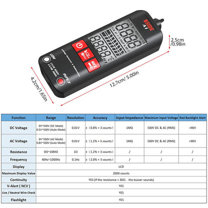 BSIDE A1 Digital Multimeter, Electrician Pen, Non-Contact Voltage Tester, Ohm Hz Meter, AC Live/Neutral Wire Test, Red &amp; Green Backlight, with Storage Bag - Black
