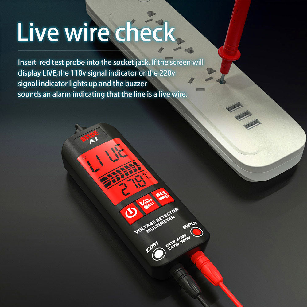 BSIDE A1 Digital Multimeter, Electrician Pen, Non-Contact Voltage Tester, Ohm Hz Meter, AC Live/Neutral Wire Test, Red &amp; Green Backlight, with Storage Bag - Black