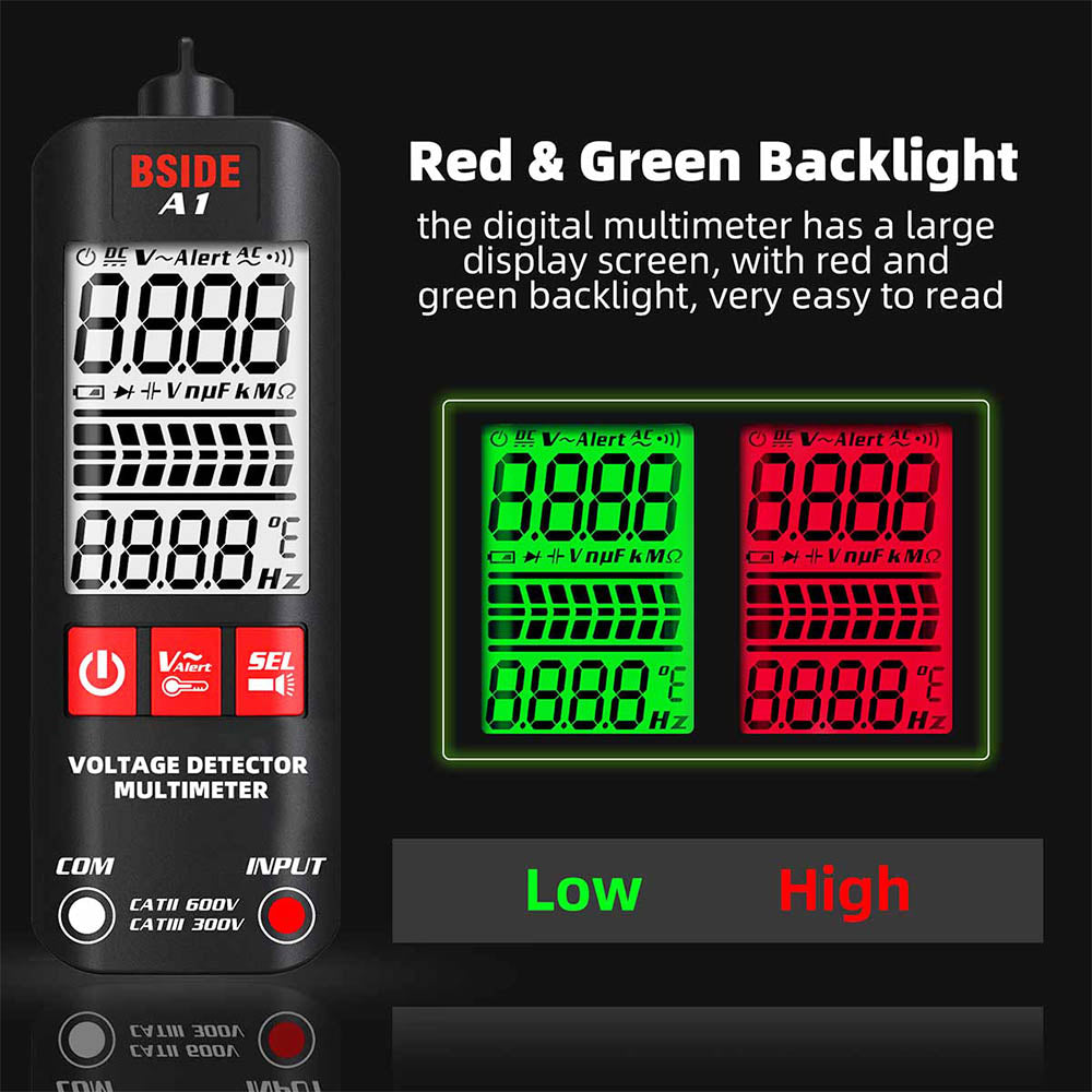 BSIDE A1 Digital Multimeter, Electrician Pen, Non-Contact Voltage Tester, Ohm Hz Meter, AC Live/Neutral Wire Test, Red &amp; Green Backlight, with Storage Bag - Black