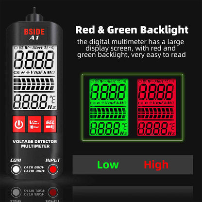 BSIDE A1 Digital Multimeter, Electrician Pen, Non-Contact Voltage Tester, Ohm Hz Meter, AC Live/Neutral Wire Test, Red &amp; Green Backlight, with Storage Bag - Black
