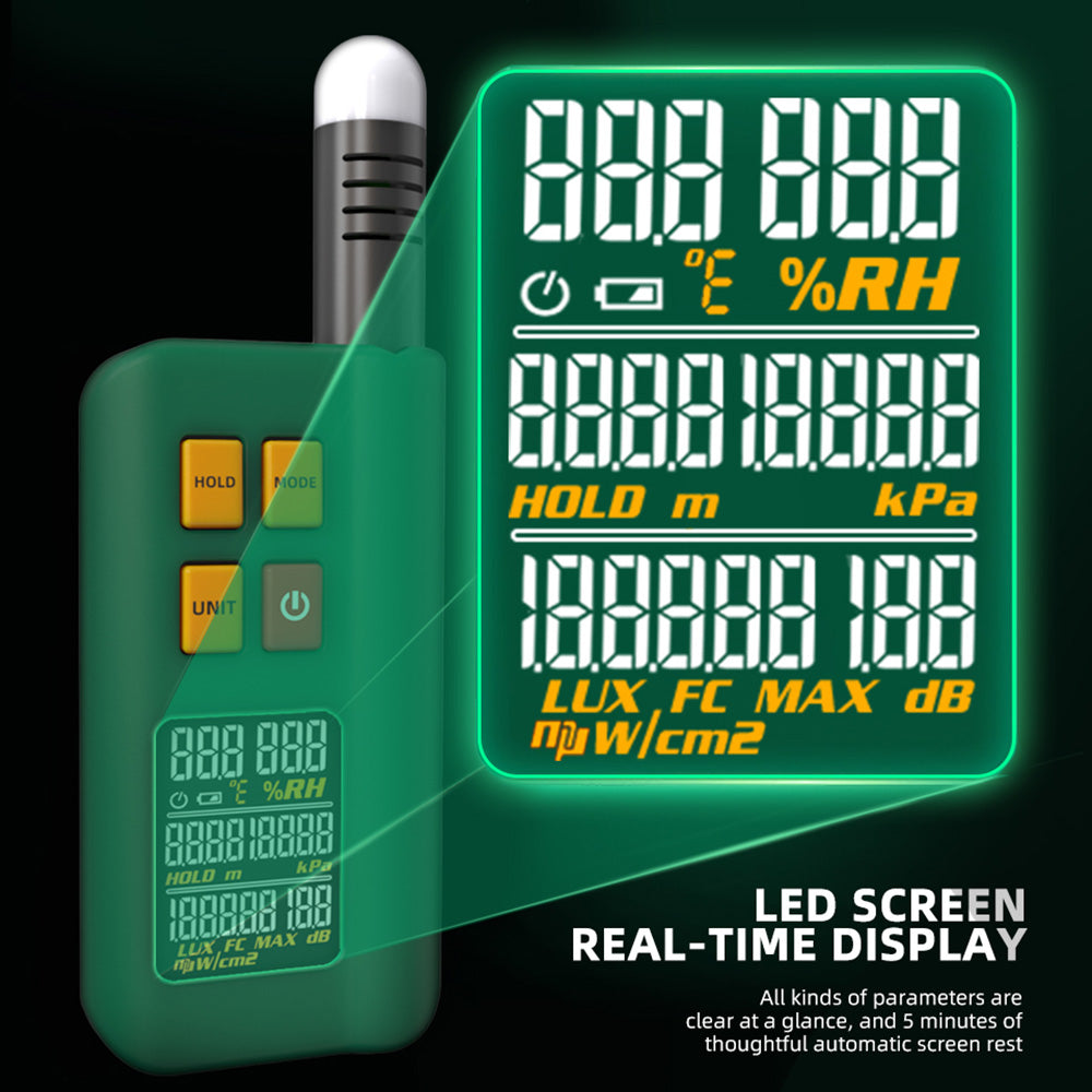 BSIDE GX1 4 in 1 Comprehensive Tester, Ambient/Temperature Humidity/Light Noise/Altitude Tester, with Decibel, A &amp; C Weighted Test Functions - Green
