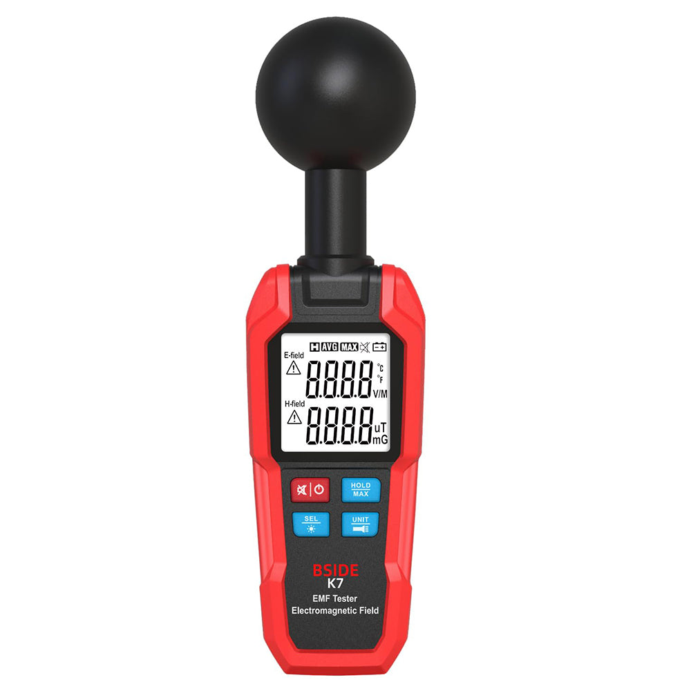 BSIDE K7 Electromagnetic Field Tester, EMF Meter, Radiation Signal Detector, 360° Auto Measurement, Sound &amp; Light Alarm, with Overdose Flashlight, LCD Screen- Red, without Battery