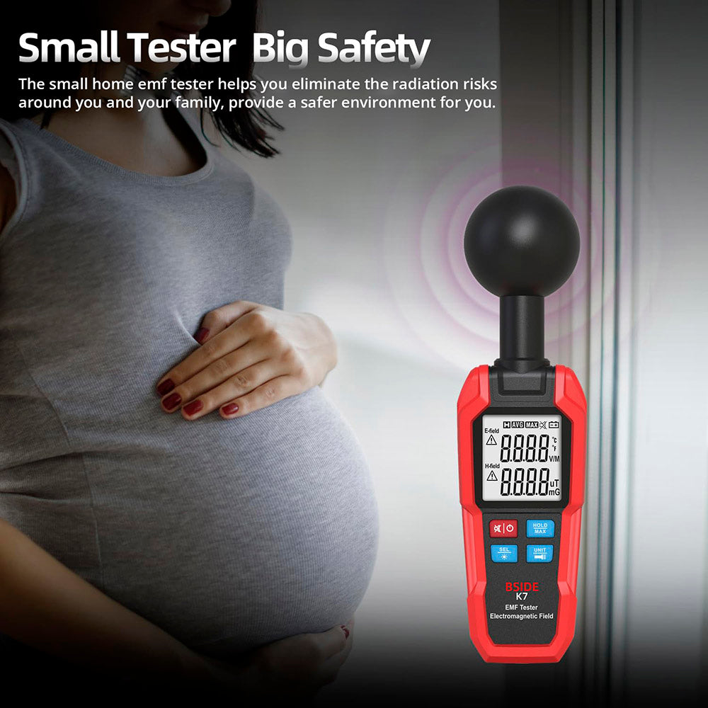 BSIDE K7 Electromagnetic Field Tester, EMF Meter, Radiation Signal Detector, 360° Auto Measurement, Sound &amp; Light Alarm, with Overdose Flashlight, LCD Screen- Red, without Battery