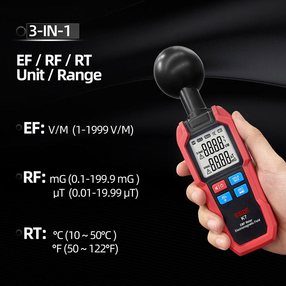 BSIDE K7 Electromagnetic Field Tester, EMF Meter, Radiation Signal Detector, 360° Auto Measurement, Sound &amp; Light Alarm, with Overdose Flashlight, LCD Screen- Red, without Battery
