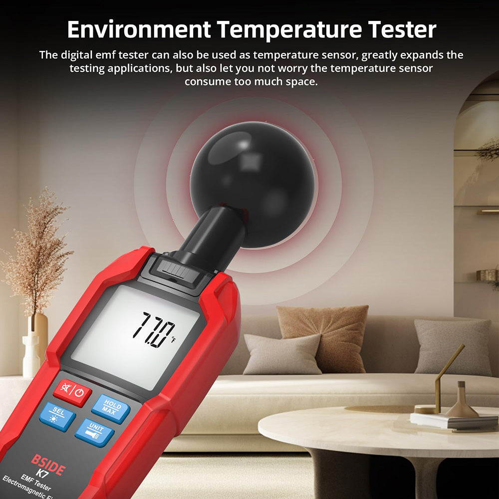 BSIDE K7 Electromagnetic Field Tester, EMF Meter, Radiation Signal Detector, 360° Auto Measurement, Sound &amp; Light Alarm, with Overdose Flashlight, LCD Screen- Red, without Battery
