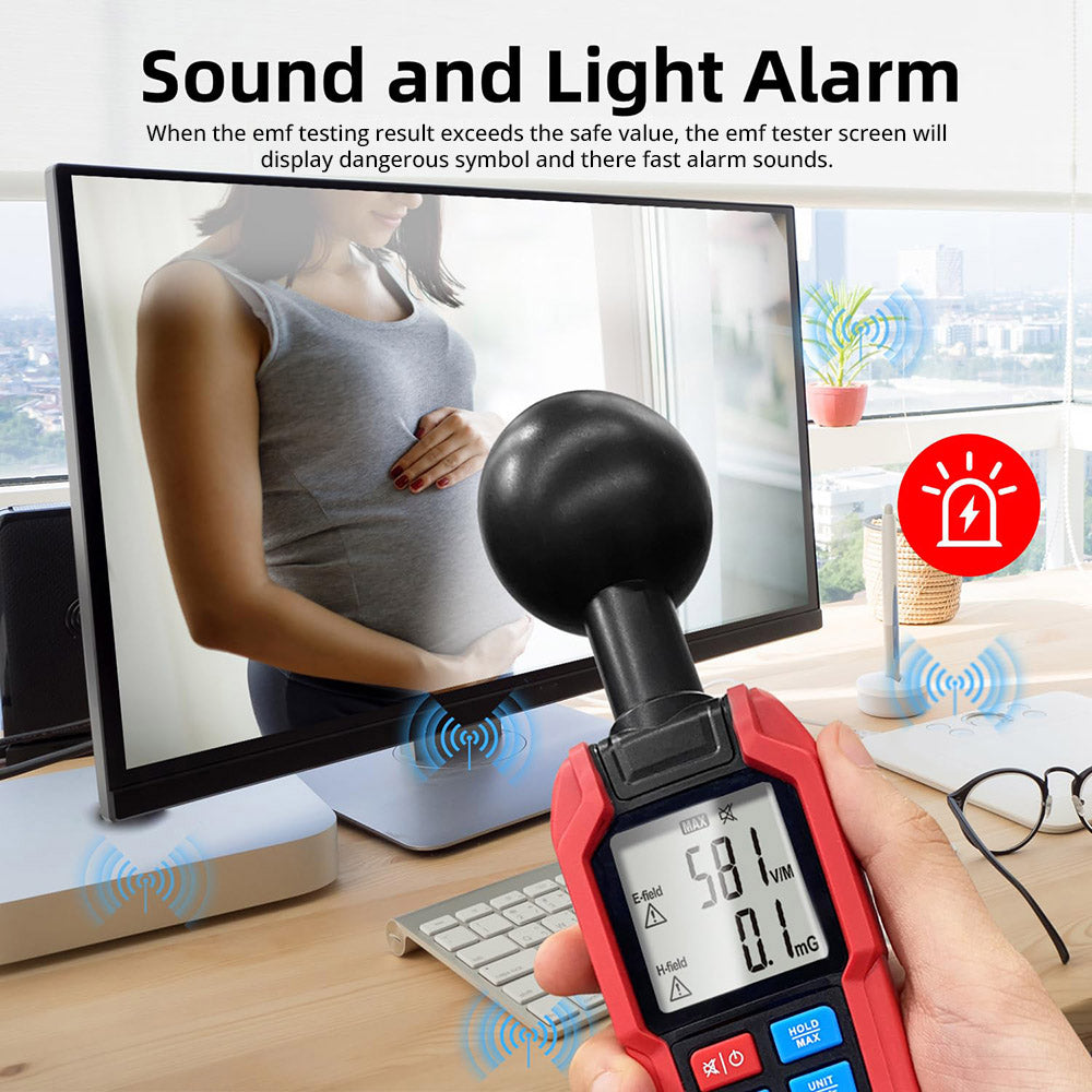 BSIDE K7 Electromagnetic Field Tester, EMF Meter, Radiation Signal Detector, 360° Auto Measurement, Sound &amp; Light Alarm, with Overdose Flashlight, LCD Screen- Red, without Battery